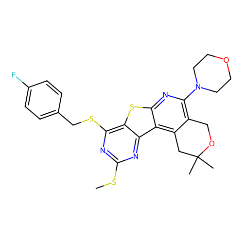 8-((4-fluorobenzyl)thio)-2,2-dimethyl-10-(methylthio)-5-morpholino-2,4-dihydro-1H-pyrano[4'',3'':4',5']pyrido[3',2':4,5]thieno[3,2-d]pyrimidine structure