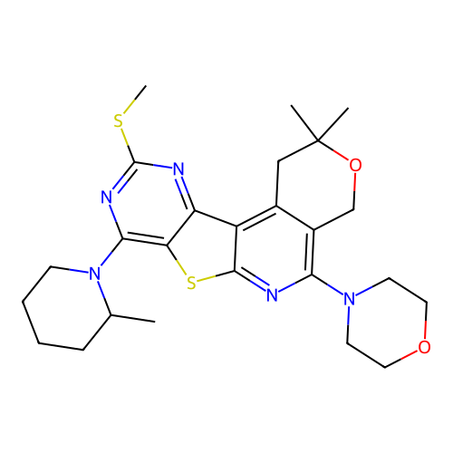 2,2-dimethyl-8-(2-methylpiperidin-1-yl)-10-(methylsulfanyl)-5-(morpholin-4-yl)-1,4-dihydro-2H-pyrano[4'',3'':4',5']pyrido[3',2':4,5]thieno[3,2-d]pyrimidine structure
