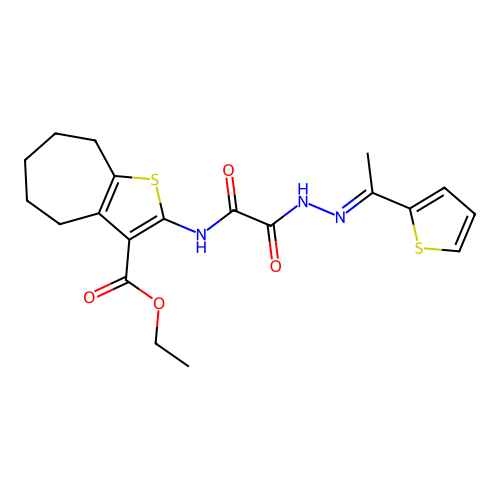 (E)-ethyl 2-(2-oxo-2-(2-(1-(thiophen-2-yl)ethylidene)hydrazinyl)acetamido)-5,6,7,8-tetrahydro-4H-cyclohepta[b]thiophene-3-carboxylate structure