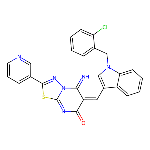 (6E)-6-[[1-[(2-chlorophenyl)methyl]indol-3-yl]methylidene]-5-imino-2-pyridin-3-yl-[1,3,4]thiadiazolo[3,2-a]pyrimidin-7-one structure