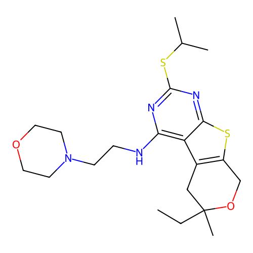 6-ethyl-6-methyl-N-[2-(morpholin-4-yl)ethyl]-2-(propan-2-ylsulfanyl)-5,8-dihydro-6H-pyrano[4',3':4,5]thieno[2,3-d]pyrimidin-4-amine structure