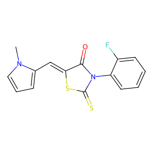 (Z)-3-(2-fluorophenyl)-5-((1-methyl-1H-pyrrol-2-yl)methylene)-2-thioxothiazolidin-4-one structure