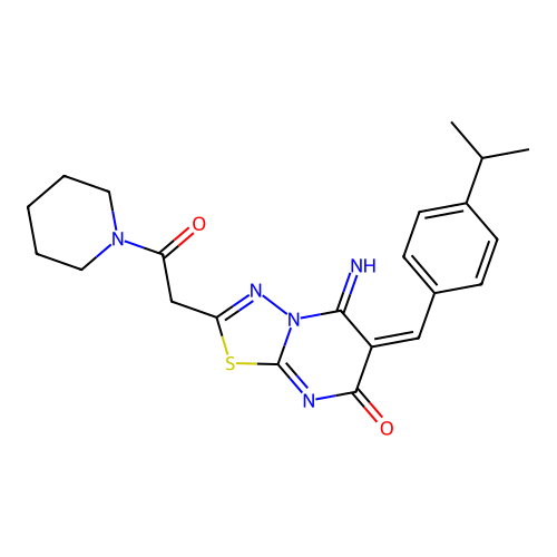 (6E)-5-imino-2-(2-oxo-2-piperidin-1-ylethyl)-6-[(4-propan-2-ylphenyl)methylidene]-[1,3,4]thiadiazolo[3,2-a]pyrimidin-7-one structure