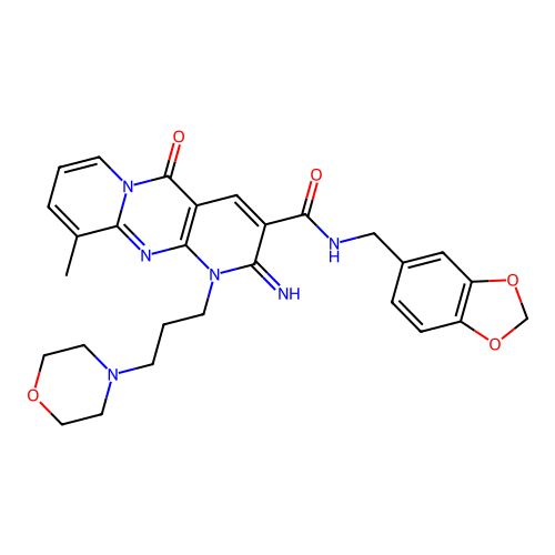 2-Imino-8-methyl-1-(3-morpholin-4-yl-propyl)-10-oxo-1,10-dihydro-2H-1,9,10a-triaza-anthracene-3-carb oxylic acid (benzo[1,3]dioxol-5-ylmethyl)-amide structure
