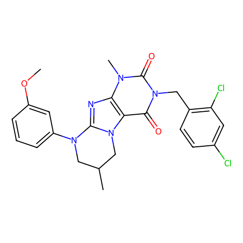 3-(2,4-dichlorobenzyl)-9-(3-methoxyphenyl)-1,7-dimethyl-6,7,8,9-tetrahydropyrimido[2,1-f]purine-2,4(1H,3H)-dione structure