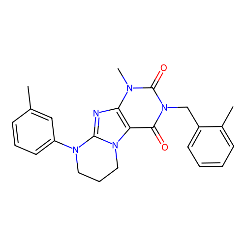 1-methyl-9-(3-methylphenyl)-3-[(2-methylphenyl)methyl]-1H,2H,3H,4H,6H,7H,8H,9H-pyrimido[1,2-g]purine-2,4-dione structure