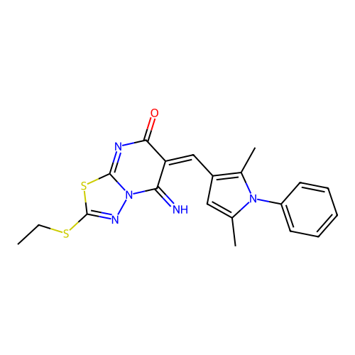 (6E)-6-[(2,5-dimethyl-1-phenyl-1H-pyrrol-3-yl)methylidene]-2-(ethylsulfanyl)-5-imino-5,6-dihydro-7H-[1,3,4]thiadiazolo[3,2-a]pyrimidin-7-one structure