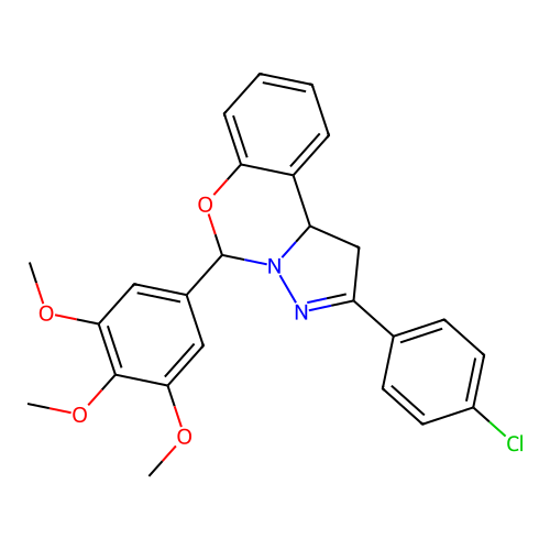 2-(4-chlorophenyl)-5-(3,4,5-trimethoxyphenyl)-1,10b-dihydropyrazolo[1,5-c][1,3]benzoxazine structure