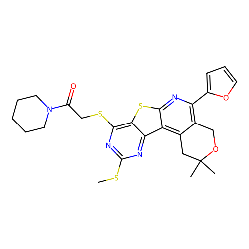 2-((5-(furan-2-yl)-2,2-dimethyl-10-(methylthio)-2,4-dihydro-1H-pyrano[4'',3'':4',5']pyrido[3',2':4,5]thieno[3,2-d]pyrimidin-8-yl)thio)-1-(piperidin-1-yl)ethanone structure