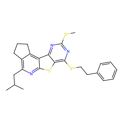 4-(2-methylpropyl)-9-(methylsulfanyl)-7-[(2-phenylethyl)sulfanyl]-2,3-dihydro-1H-cyclopenta[4',5']pyrido[3',2':4,5]thieno[3,2-d]pyrimidine structure