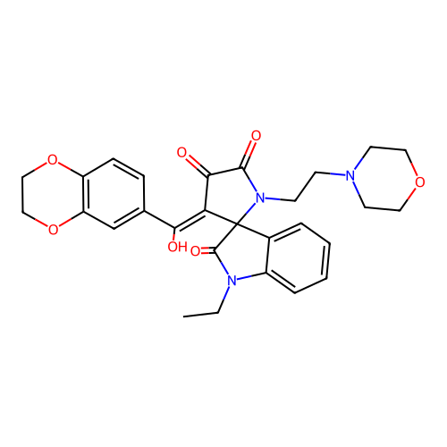 (4'E)-4'-[2,3-dihydro-1,4-benzodioxin-6-yl(hydroxy)methylidene]-1-ethyl-1'-(2-morpholin-4-ylethyl)spiro[indole-3,5'-pyrrolidine]-2,2',3'-trione structure