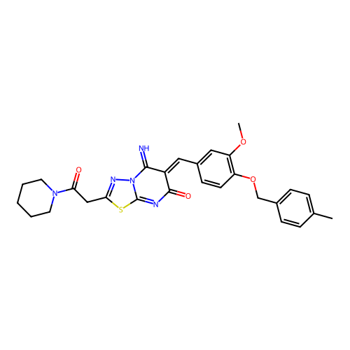 (6Z)-5-imino-6-[[3-methoxy-4-[(4-methylphenyl)methoxy]phenyl]methylidene]-2-(2-oxo-2-piperidin-1-ylethyl)-[1,3,4]thiadiazolo[3,2-a]pyrimidin-7-one structure