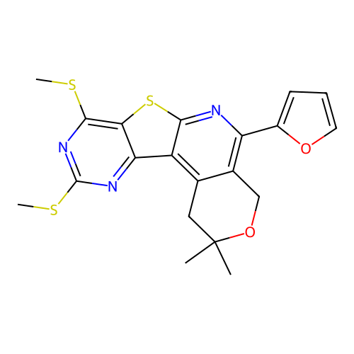5-(furan-2-yl)-2,2-dimethyl-8,10-bis(methylsulfanyl)-1,4-dihydro-2H-pyrano[4'',3'':4',5']pyrido[3',2':4,5]thieno[3,2-d]pyrimidine structure