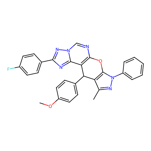 2-(4-fluorophenyl)-11-(4-methoxyphenyl)-10-methyl-8-phenyl-8,11-dihydropyrazolo[4',3':5,6]pyrano[3,2-e][1,2,4]triazolo[1,5-c]pyrimidine structure
