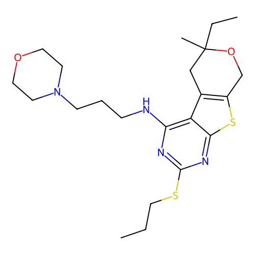 6-ethyl-6-methyl-N-(3-morpholinopropyl)-2-(propylthio)-6,8-dihydro-5H-pyrano[4',3':4,5]thieno[2,3-d]pyrimidin-4-amine structure