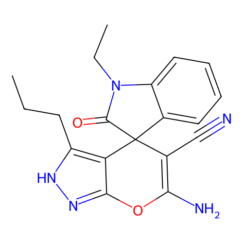 6'-amino-1-ethyl-2-oxo-3'-propyl-1,2-dihydro-1'H-spiro[indole-3,4'-pyrano[2,3-c]pyrazole]-5'-carbonitrile structure