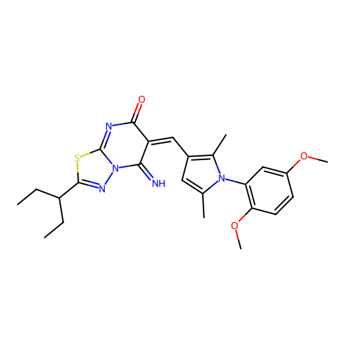 (E)-6-((1-(2,5-dimethoxyphenyl)-2,5-dimethyl-1H-pyrrol-3-yl)methylene)-5-imino-2-(pentan-3-yl)-5H-[1,3,4]thiadiazolo[3,2-a]pyrimidin-7(6H)-one structure