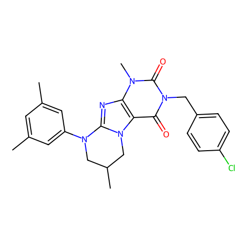 3-(4-chlorobenzyl)-9-(3,5-dimethylphenyl)-1,7-dimethyl-6,7,8,9-tetrahydropyrimido[2,1-f]purine-2,4(1H,3H)-dione structure