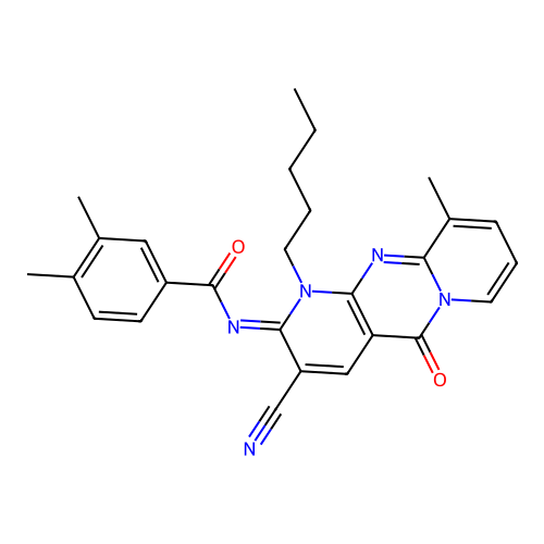 (E)-N-(3-cyano-10-methyl-5-oxo-1-pentyl-1H-dipyrido[1,2-a:2',3'-d]pyrimidin-2(5H)-ylidene)-3,4-dimethylbenzamide structure