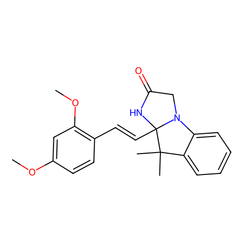 (E)-9a-(2,4-dimethoxystyryl)-9,9-dimethyl-9,9a-dihydro-1H-imidazo[1,2-a]indol-2(3H)-one structure