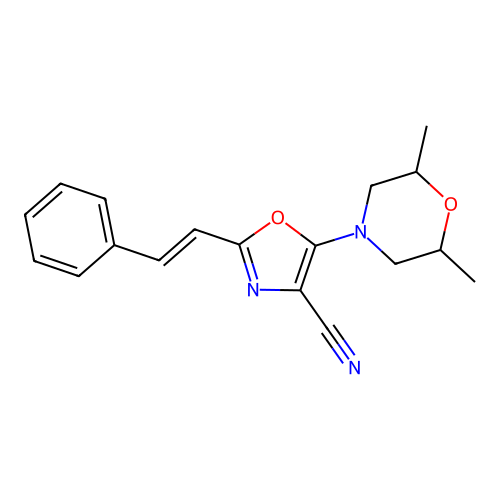 (E)-5-(2,6-dimethylmorpholino)-2-styryloxazole-4-carbonitrile structure