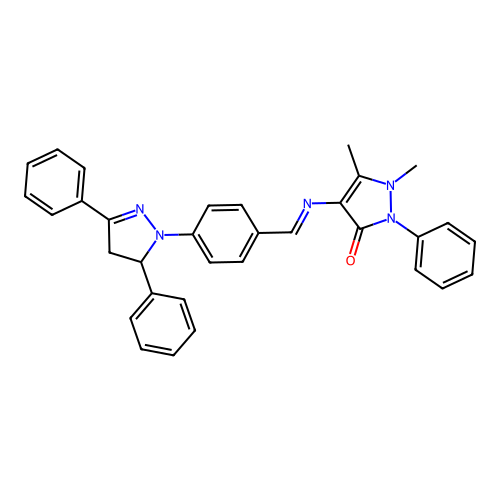 (E)-4-((4-(3,5-diphenyl-4,5-dihydro-1H-pyrazol-1-yl)benzylidene)amino)-1,5-dimethyl-2-phenyl-1H-pyrazol-3(2H)-one structure