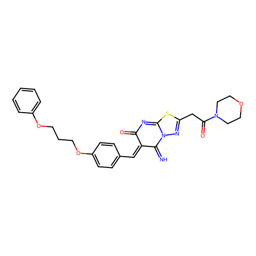 (6Z)-5-imino-2-(2-morpholin-4-yl-2-oxoethyl)-6-[[4-(3-phenoxypropoxy)phenyl]methylidene]-[1,3,4]thiadiazolo[3,2-a]pyrimidin-7-one structure