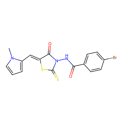 (Z)-4-bromo-N-(5-((1-methyl-1H-pyrrol-2-yl)methylene)-4-oxo-2-thioxothiazolidin-3-yl)benzamide structure