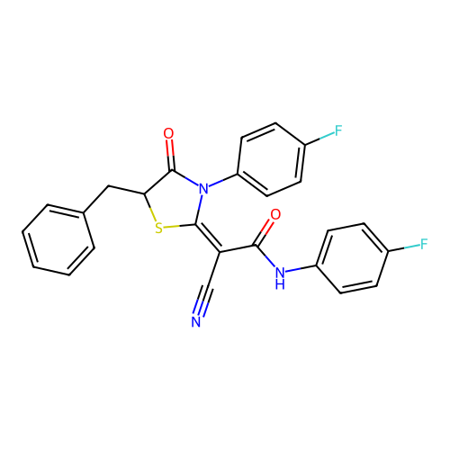(E)-2-(5-benzyl-3-(4-fluorophenyl)-4-oxothiazolidin-2-ylidene)-2-cyano-N-(4-fluorophenyl)acetamide structure