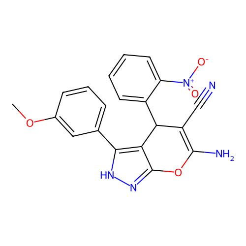 6-amino-3-(3-methoxyphenyl)-4-(2-nitrophenyl)-2,4-dihydropyrano[2,3-c]pyrazole-5-carbonitrile structure