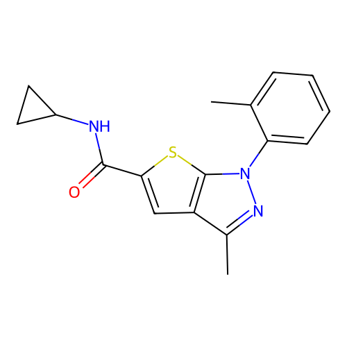 N-cyclopropyl-3-methyl-1-(2-methylphenyl)-1H-thieno[2,3-c]pyrazole-5-carboxamide structure
