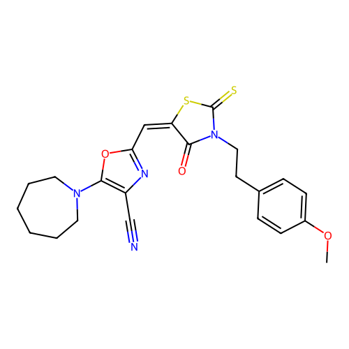 (E)-5-(azepan-1-yl)-2-((3-(4-methoxyphenethyl)-4-oxo-2-thioxothiazolidin-5-ylidene)methyl)oxazole-4-carbonitrile structure