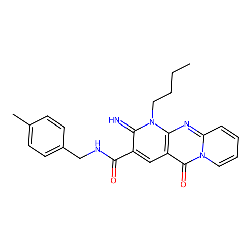 (1-butyl-2-imino-5-oxo(1,6-dihydropyridino[1,2-a]pyridino[2,3-d]pyrimidin-3-yl))-N-[(4-methylphenyl)methyl]carboxamide structure