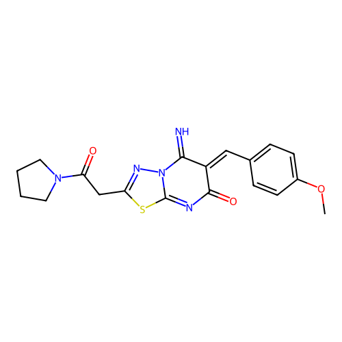 (6Z)-5-imino-6-(4-methoxybenzylidene)-2-[2-oxo-2-(pyrrolidin-1-yl)ethyl]-5,6-dihydro-7H-[1,3,4]thiadiazolo[3,2-a]pyrimidin-7-one structure