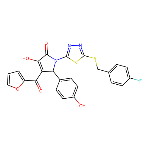 (4E)-1-{5-[(4-fluorobenzyl)sulfanyl]-1,3,4-thiadiazol-2-yl}-4-[furan-2-yl(hydroxy)methylidene]-5-(4-hydroxyphenyl)pyrrolidine-2,3-dione structure