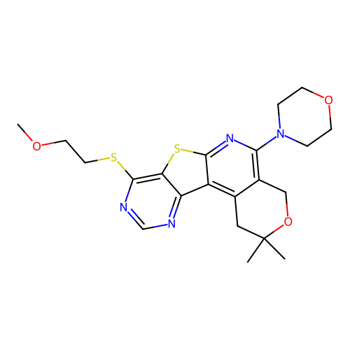 8-((2-methoxyethyl)thio)-2,2-dimethyl-5-morpholino-2,4-dihydro-1H-pyrano[4'',3'':4',5']pyrido[3',2':4,5]thieno[3,2-d]pyrimidine structure