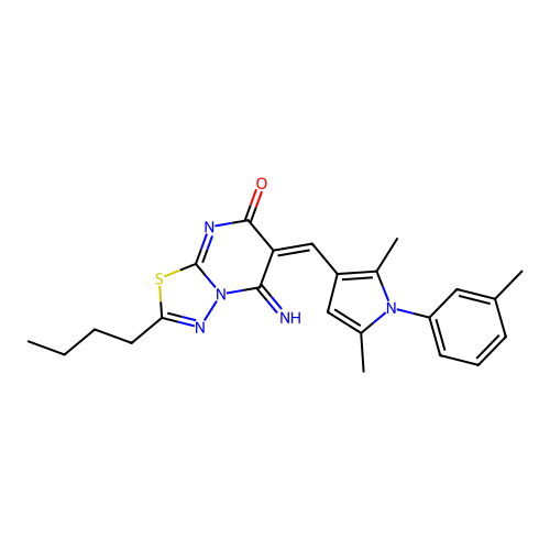 (6E)-2-butyl-6-[[2,5-dimethyl-1-(3-methylphenyl)pyrrol-3-yl]methylidene]-5-imino-[1,3,4]thiadiazolo[3,2-a]pyrimidin-7-one structure