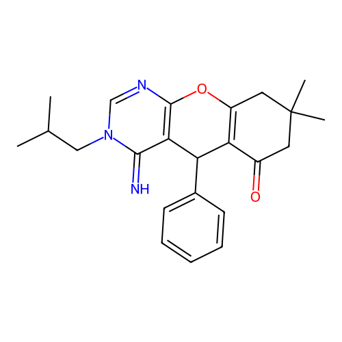 4-imino-8,8-dimethyl-3-(2-methylpropyl)-5-phenyl-3,4,5,7,8,9-hexahydro-6H-chromeno[2,3-d]pyrimidin-6-one structure