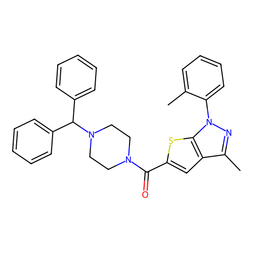 (4-benzhydrylpiperazin-1-yl)(3-methyl-1-(o-tolyl)-1H-thieno[2,3-c]pyrazol-5-yl)methanone structure