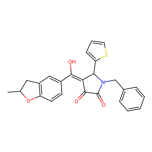 (4E)-1-benzyl-4-[hydroxy(2-methyl-2,3-dihydro-1-benzofuran-5-yl)methylidene]-5-(thiophen-2-yl)pyrrolidine-2,3-dione structure