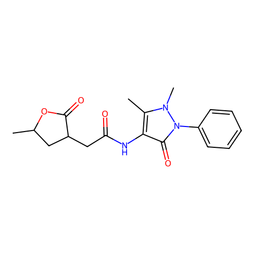 N-(1,5-dimethyl-3-oxo-2-phenyl-2,3-dihydro-1H-pyrazol-4-yl)-2-(5-methyl-2-oxotetrahydrofuran-3-yl)acetamide structure
