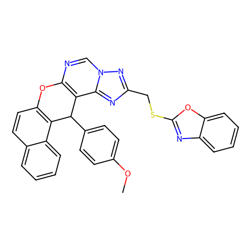 2-[(1,3-benzoxazol-2-ylsulfanyl)methyl]-14-(4-methoxyphenyl)-14H-benzo[5,6]chromeno[3,2-e][1,2,4]triazolo[1,5-c]pyrimidine structure