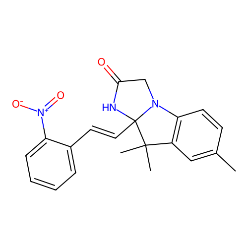 (E)-7,9,9-trimethyl-9a-(2-nitrostyryl)-9,9a-dihydro-1H-imidazo[1,2-a]indol-2(3H)-one structure