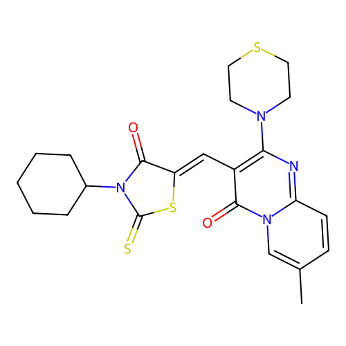 3-[(Z)-(3-cyclohexyl-4-oxo-2-thioxo-1,3-thiazolidin-5-ylidene)methyl]-7-methyl-2-(thiomorpholin-4-yl)-4H-pyrido[1,2-a]pyrimidin-4-one structure