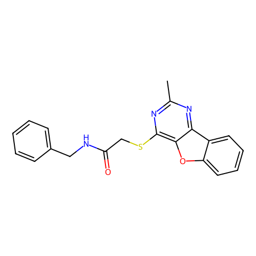 2-[(2-methyl-4-benzofuro[3,2-d]pyrimidinyl)thio]-N-(phenylmethyl)acetamide structure