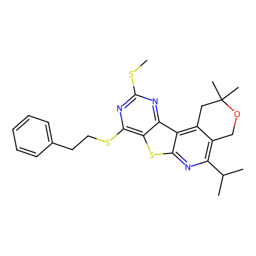 2,2-dimethyl-10-(methylsulfanyl)-8-[(2-phenylethyl)sulfanyl]-5-(propan-2-yl)-1,4-dihydro-2H-pyrano[4'',3'':4',5']pyrido[3',2':4,5]thieno[3,2-d]pyrimidine structure