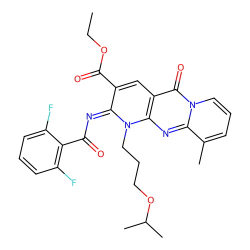 (Z)-ethyl 2-((2,6-difluorobenzoyl)imino)-1-(3-isopropoxypropyl)-10-methyl-5-oxo-2,5-dihydro-1H-dipyrido[1,2-a:2',3'-d]pyrimidine-3-carboxylate structure