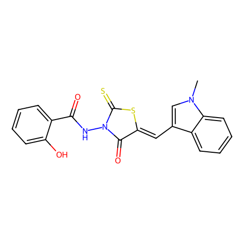 (Z)-2-hydroxy-N-(5-((1-methyl-1H-indol-3-yl)methylene)-4-oxo-2-thioxothiazolidin-3-yl)benzamide structure
