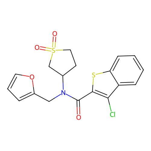 3-chloro-N-(1,1-dioxothiolan-3-yl)-N-(furan-2-ylmethyl)-1-benzothiophene-2-carboxamide structure