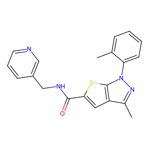 3-methyl-1-(2-methylphenyl)-N-(pyridin-3-ylmethyl)thieno[2,3-c]pyrazole-5-carboxamide structure